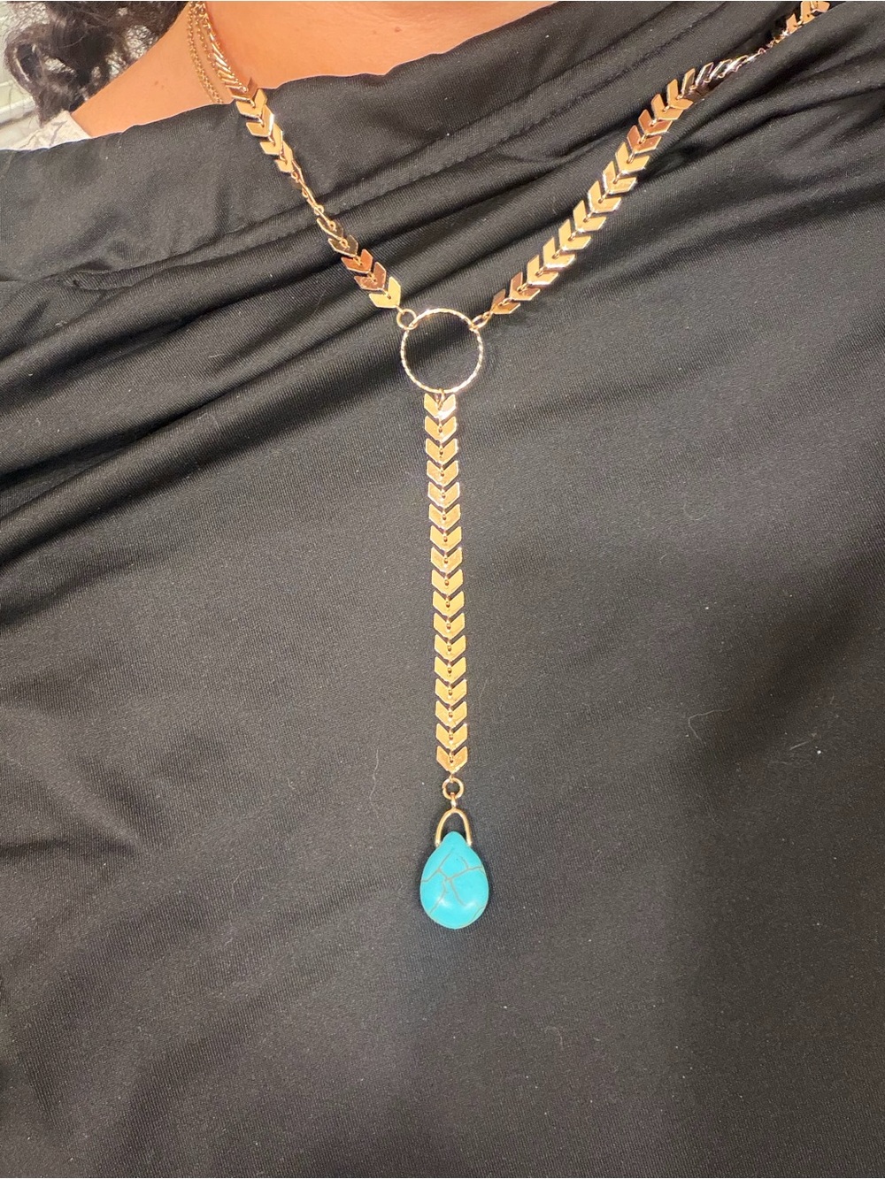 Macy's Gold Chevron Lariat Necklace with Turquoise Teardrop